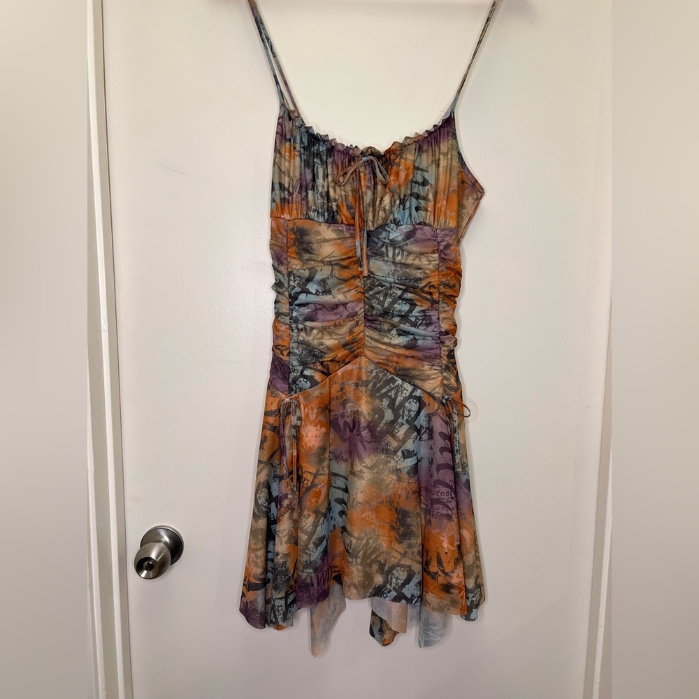 Hot Topic Just Polly Mesh Dress Y2K Grunge Fairy Ruched Mini Abstract Print NWT